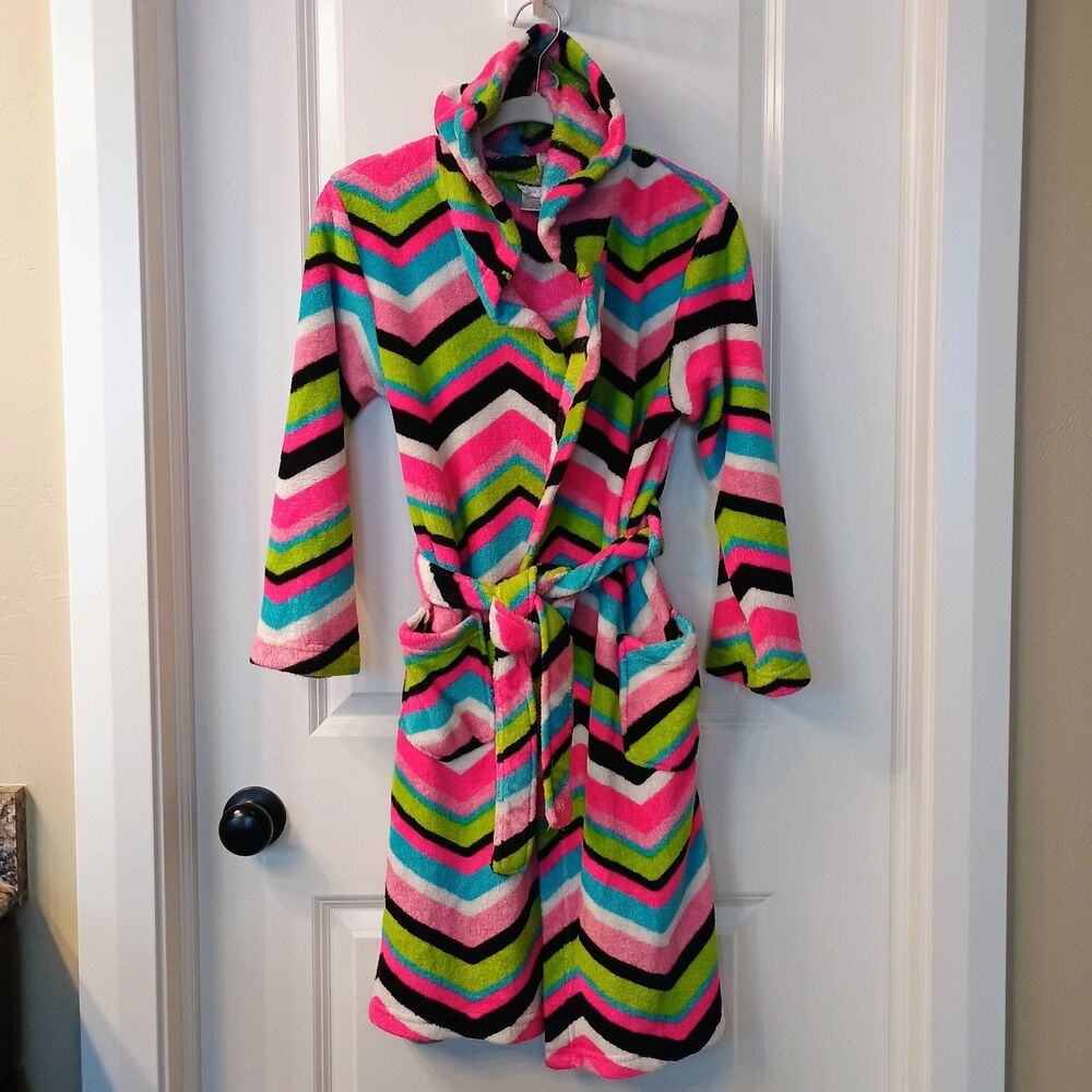 Total Girl Girls L 10-12 Colorful Chevron Hooded Fleece Robe Bathrobe